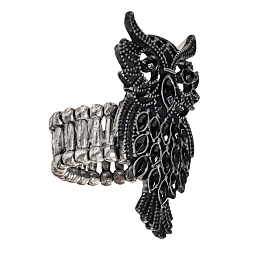 Gunmetal Tone Owl Stretch Ring with Black Crystal Accents | NWOT